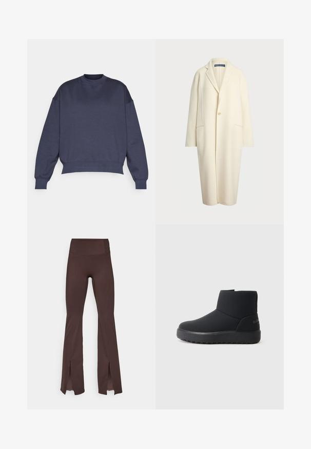 Polo Ralph Lauren DOUBLE FACED WOOL COAT - Mantel - cream; Donkerblauwe sweatshirt met een ronde hals, verlaagde schouders en geribde manchetten. Gemaakt van een zachte, gestructureerde stof met een relaxte pasvorm.; Bruine flared leggings van zacht materiaal met een hoge tailleband en zijsplitten aan de zoom. Voorzien van platlock naden voor een soepele pasvorm.; Zwarte enkellaarsjes met een gladde buitenkant, ronde neus, subtiele naaddetails en een dikke, gestructureerde zool. Bevat een logo aan de achterkant.