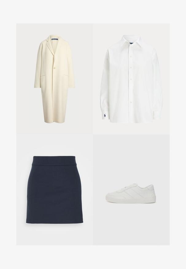 Polo Ralph Lauren DOUBLE FACED WOOL COAT - Klasický kabát - cream; Bílá košile s dlouhými rukávy, klasickým límcem a malým modrým logem na manžetě. Hladká bavlněná tkanina, strukturovaný střih.; Námořnická modrá mini sukně vyrobená z elastického materiálu, s hladkou texturou, přiléhavým designem a širokým páskem s čistým prošitím.; Bílé kožené tenisky s plochými tkaničkami, zaoblenou špičkou a jemnými detaily šití. Disponují strukturovanou podrážkou a embosovaným logem značky na patě.