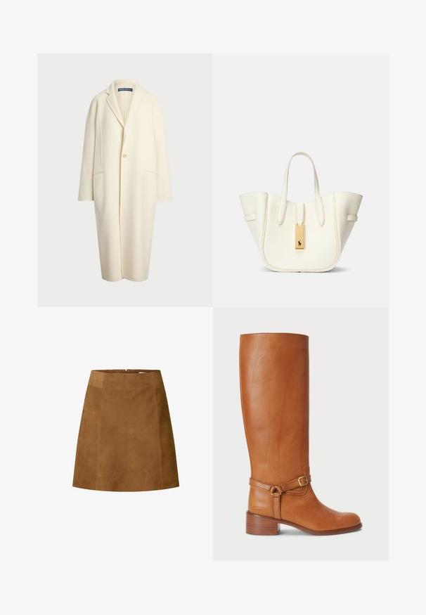Polo Ralph Lauren DOUBLE FACED WOOL COAT - Manteau classique - cream; T-shirt à manches courtes, rayé crème et marine, présentant un col rond et un design boxy avec un tissu texturé.; Jupe mini en daim marron avec une coupe droite, présentant une texture lisse et une fermeture éclair au dos. Design simple sans accents supplémentaires.; Bottes en cuir marron hautes avec une finition lisse, dotées d'une sangle à boucle sur le côté et d'un talon empilé. La tige présente un design épuré et sans ornement.; Sac fourre-tout en cuir blanc avec une forme structurée, des coutures marquées, une étiquette en matériel doré et deux poignées. Surface texturée avec des poches latérales.