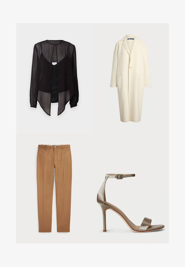 Polo Ralph Lauren DOUBLE FACED WOOL COAT - Klassikaline mantel - cream; Mustmust läikiv pluus pikkade varrukatega, kõrge kaelusega ja asümmeetrilise hemiga. Omab esipoolset nööpide sulgemist ja kihilisi disainielemente.; Pruunist puuvillast valmistatud püksid, millel on slim-fit disain, lapik eesmine osa ja tavalised taskud; sile tekstuur ja ääristatud sääreotsad.; Hõbe satäänist kõrge kontsaga sandaalid, millel on pahkluu rihm ja dekoratiivne pandlaelement. Avatud varvas ja peen, voolujooneline disain.