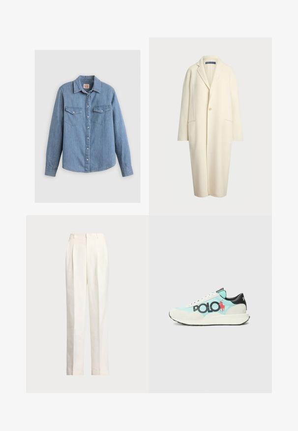 Polo Ralph Lauren DOUBLE FACED WOOL COAT - Classic coat - cream; Light blue denim shirt with long sleeves, button-down front, two chest pockets, and pointed collar. Features silver buttons and a textured finish.; Polo Ralph Lauren HEMP WIDE LEG PANT - Trousers - nevis; Sneaker featuring a light blue body, white suede accents, black heel, and prominent black "POLO" logo with a red polo player silhouette.