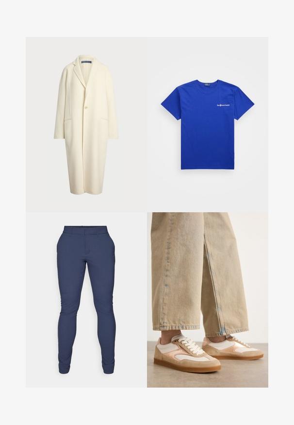 Polo Ralph Lauren DOUBLE FACED WOOL COAT - Klasický kabát - cream; Kráľovsky modré bavlnené tričko s okrúhlym výstrihom, krátkymi rukávmi a bielym logom na ľavej strane hrudi. Hladká textúra, klasický strih.; Námorné nohavice vyrobené z hladkej, elastickej tkaniny. Majú úzky strih, plochý predok a zužujúce sa otvory na nohách. Žiadne viditeľné ozdoby.; Hnedé a krémové tenisky so semišovým a sieťovaným dizajnom, s viazaním na šnúrky a gumenými podrážkami, skombinované s hnedými širokými nohavicami.