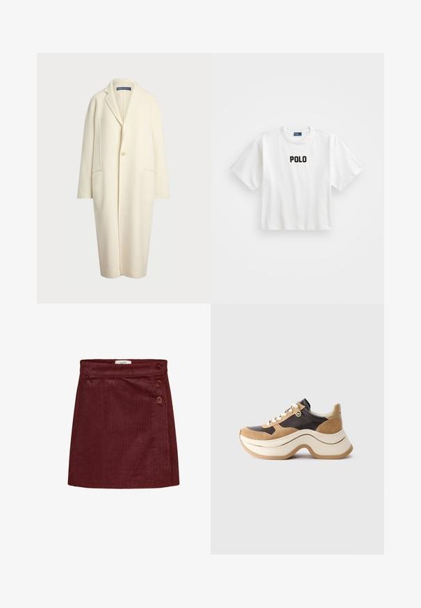 Polo Ralph Lauren DOUBLE FACED WOOL COAT - Klasszikus kabát - cream; Fehér pamut póló rövid ujjakkal, az elején fekete hímzett "POLO" logóval. Egyszerű, dobozos kialakítás.; Burgundi színű kordbársony szoknya texturált felülettel, testhez simuló derékkal és három dekoratív gombbal az oldalon. Rövid, egyenes fazonú.; Beige és sötétbarna színű, vastag talpú sneaker, velúr részletekkel, fehér fűzőkkel és egy kis arany MK charm-mal az oldalon.