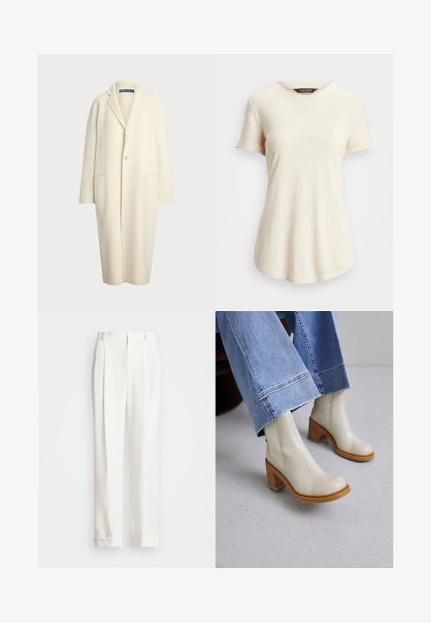 Polo Ralph Lauren DOUBLE FACED WOOL COAT - Klassinen takki - cream; Lyhythihainen kermavärinen T-paita, jossa on pyöreä pääntie. Pehmeä koostumus ja rento malli, jonka hihoissa on käänteet ja hieman kaareva helma.; Valkoiset muotitunalatut housut, joissa on kaksi etupuolelta plektiä, suora leikkaus ja käännetyt helmat. Valmistettu sileästä kankaasta, jossa on klassinen muotoilu.; See by Chloé BONNI - Platform-nilkkurit - natural