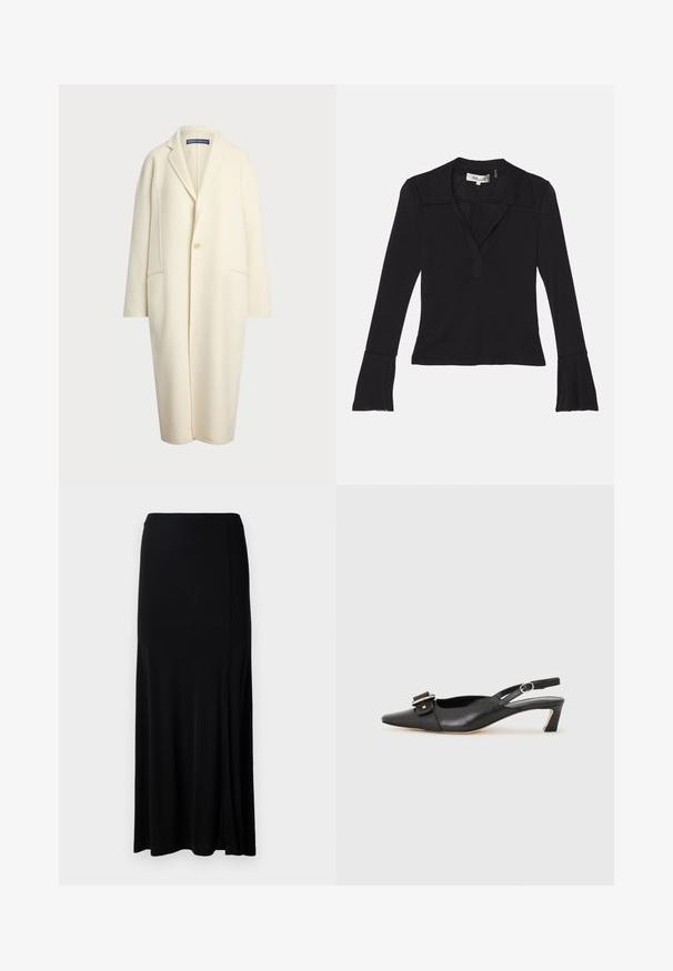 Polo Ralph Lauren DOUBLE FACED WOOL COAT - Klasszikus kabát - cream; Diane von Furstenberg MACKENZIE - Hosszú ujjú felső - black; Fekete maxi szoknya sima anyagból, oldalsó hasítékkal, rugalmas derékkal és egyenes szabással, minimalista dizájnban.; Fekete bőr szandál kis sarkú, hegyes orral, díszes csattal a felsőrészen. Simább textúra, minimalista design.