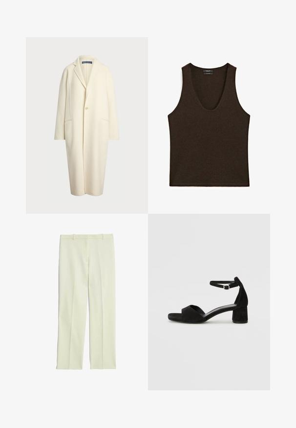 Polo Ralph Lauren DOUBLE FACED WOOL COAT - Klassischer Mantel - cream; Ärmelloses, dunkelbraunes Cashmere-Top mit Rundhalsausschnitt, flach ausgelegt.; Cremefarbene, maßgeschneiderte Hosen mit geradem Schnitt, flachem Front, Gürtelschlaufen und glatter Oberfläche.; Schwarze Wildleder-Espadrilles mit einem dünnen Knöchelriemen, offener Zehenpartie und moderatem Blockabsatz. Glatte Textur und minimale Akzente.