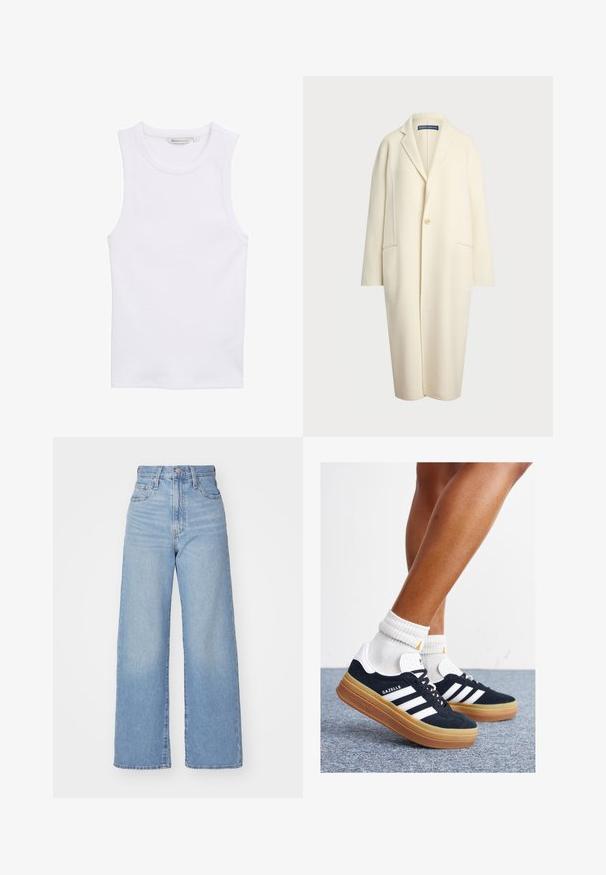 Polo Ralph Lauren DOUBLE FACED WOOL COAT - Cappotto classico - cream; Canotta bianca senza maniche realizzata in tessuto a costine. Presenta un collo rotondo e una silhouette aderente. L'etichetta mostra la taglia 'S'.; Jeans a vita alta blu chiaro con gamba larga, chiusura frontale con bottone e zip, tasche anteriori e posteriori, su uno sfondo bianco.; Sneakers in pelle scamosciata nera con strisce e dettagli bianchi, punta arrotondata, suola in gomma color gomme, abbinate a calzini bianchi a coste alla caviglia.