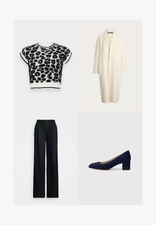 Polo Ralph Lauren DOUBLE FACED WOOL COAT - Abrigo clásico - cream; Suéter de punto recortado con un patrón de leopardo en blanco y negro, con mangas cortas y ribete acanalado en el cuello y el dobladillo.; Pantalones de pierna ancha negros con un acabado suave, frente plano, trabillas para cinturón y un cierre de botón único en la cintura.; Zapato de tacón de ante azul marino con punta afilada y tacón bloque de altura media. Textura suave con un ligero brillo y un pequeño corte en la parte delantera.