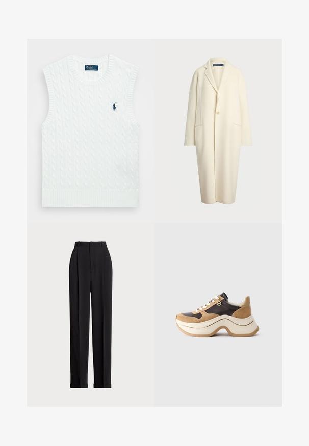 Polo Ralph Lauren DOUBLE FACED WOOL COAT - Casaco clássico - cream; Polo Ralph Lauren CABLE KNIT COTTON SWEATER VEST - Top - white; Calças pretas ajustadas com uma cintura alta, apresentando pregas na frente, um design de perna reta e bainha com punho. Feitas de tecido suave.; Sapatilhas com sola grossa em bege e castanho escuro com detalhes em camurça, atacadores brancos e um pequeno pingente dourado da MK na lateral.