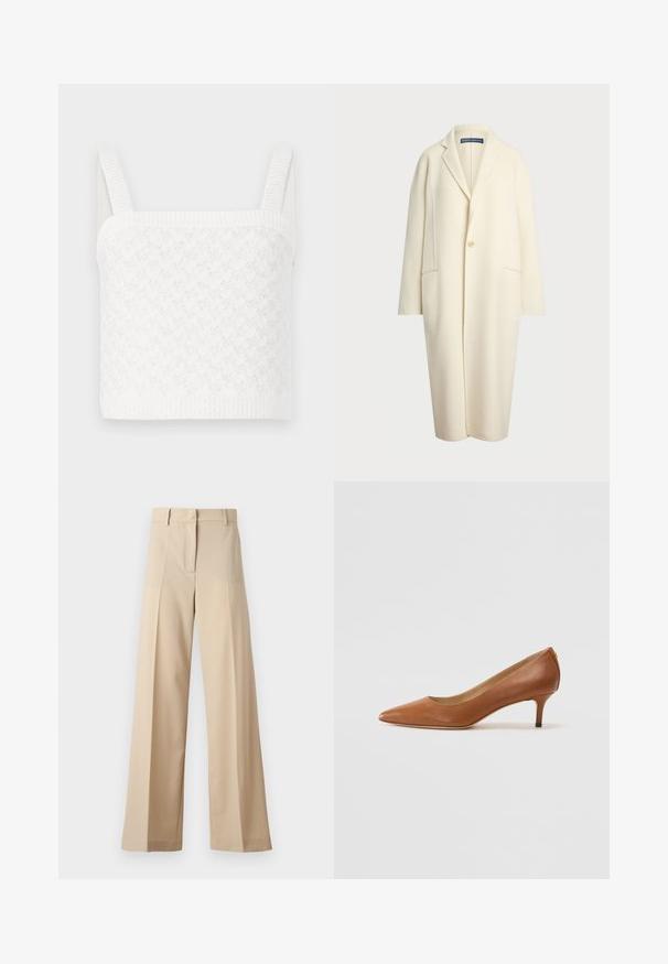 Polo Ralph Lauren DOUBLE FACED WOOL COAT - Mantel - cream; Witte gebreide crop top met een vierkante halslijn, met textuurpatronen en brede geribbelde bandjes. Zacht materiaal met een subtiele glans.; Beige wijde broek gemaakt van gladde stof, met een flatte voorkant met plooien, een rits en riemlussen. Over het geheel een getailleerde pasvorm.; Lauren Ralph Lauren ADRIENNE - Klassieke pumps - deep saddle tan