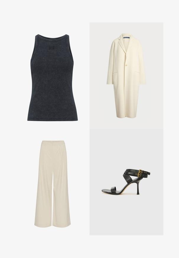 Polo Ralph Lauren DOUBLE FACED WOOL COAT - Klasikinis paltas - cream; Tamsiai pilkas raštuotas marškinėliai be rankovių su apvaliu kaklu ir prigludusia forma. Yra subtilus logotipo detalė ant krūtinės. Minkšta, tekstūrizuota medžiaga.; Platus kojų kelnes iš šviesiai smėlio spalvos audinio, su klostėmis, aukštu liemeniu ir lygia tekstūra, be matomų dekoro elementų.; Juodi kulniškų sandalai su kryžminėmis juostelėmis ir reguliuojamu sagtimi. Ypatybė – lygus paviršius ir siauras smailas kulnas.