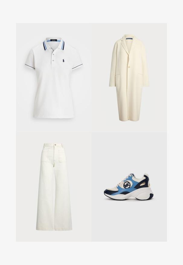 Polo Ralph Lauren DOUBLE FACED WOOL COAT - Klasszikus kabát - cream; Polo Ralph Lauren TAILORED FIT JERSEY POLO SHIRT - Pólóing - ceramic white/navy/blue multi; Széles szárú farmernadrág off-white denim anyagból. Magas derekú dizájn, gombos záródással, két elülső zsebbel és kontrasztos varrási részletekkel.; Fehér, tengerészkék és világoskék velúr sneaker vastag talppal és kör alakú hímzett logóval az oldalon.