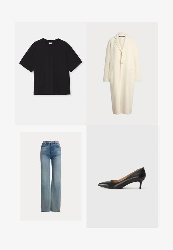 Polo Ralph Lauren DOUBLE FACED WOOL COAT - Klassischer Mantel - cream; Schwarzes kurzärmeliges T-Shirt aus Baumwolle. Es hat eine lockere Passform, einen runden Halsauschnitt und keine sichtbaren Muster oder Verzierungen.; Hochgeschnittene, gerade geschnittene blaue Jeans mit Fronttaschen, Gürtelschlaufen und Knopfverschluss, die dezente Verwaschungen aufweisen.; Schwarzer Lederpumps mit spitzem Zehenbereich, niedrigem Absatz und glatter Textur. Verfügt über eine leichte Öffnung an der Vorderseite und minimale Beschläge an der Rückseite.