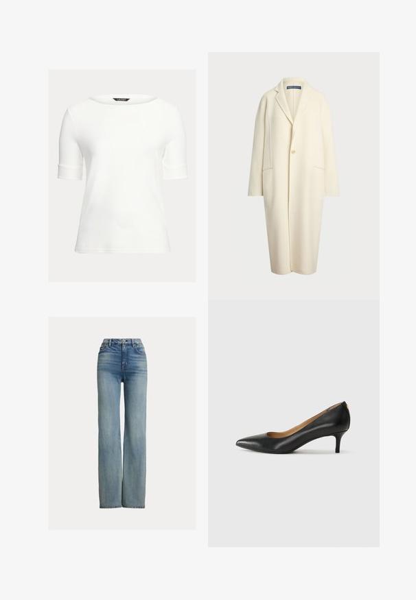 Polo Ralph Lauren DOUBLE FACED WOOL COAT - Casaco clássico - cream; Top branco ajustado com decote barco, mangas curtas com punho e um tecido liso e suave. Design simples, sem padrões ou adornos.; Jeans azuis de cintura alta e perna reta com bolsos frontais, passantes para cinto e fecho de botão, apresentando um leve efeito desbotado.; Sapato de salto alto em pele preta com bico fino, salto baixo e textura suave. Apresenta uma ligeira abertura na parte da frente e mínima ferragem na parte de trás.