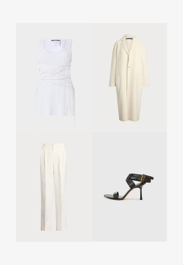 Polo Ralph Lauren DOUBLE FACED WOOL COAT - Klasszikus kabát - cream; Fehér bordázott ujjatlan top, keresztbe fűzött csipkedetákkal, kerek nyakkivágással és egyenes párral. Márka: Moschino Couture.; Polo Ralph Lauren HEMP WIDE LEG PANT - Nadrágok - nevis; Fekete magassarkú szandál keresztpántos dizájnnal és állítható csattal. Simább felülettel és hegyes tűsarkúval rendelkezik.