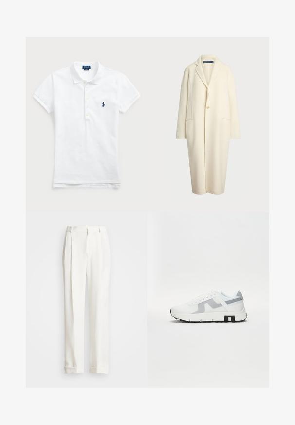 Polo Ralph Lauren DOUBLE FACED WOOL COAT - Klasický kabát - cream; Bílá bavlněná polo košile s klasickým límcem, krátkými rukávy a vyšitým námořnickým logem na levé hrudi. Pětici knoflíků na zapínání.; Bílé upravené kalhoty s dvěma předními sklady, rovného střihu a s přehnutými lemy. Vyrobené z hladké látky, s klasickým designem.; Bílé sportovní tenisky se šedými akcenty, texturovaným svrškem, silnou podrážkou a kontrastním černým detailem na patě. Systém šněrování s síťovinovými panely.