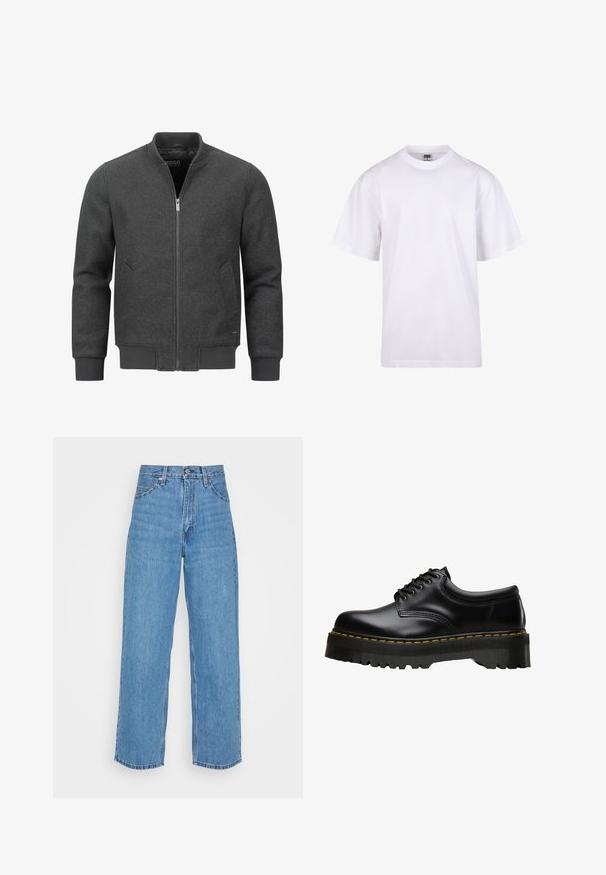 Sötétszürke bomberdzseki, cipzárral, bordázott gallérral, mandzsettákkal és aljjal. Oldalsó zsebekkel rendelkezik, sima anyagtextúrával.; Fehér pamut póló kerek nyakkivágással, rövid ujjal és laza szabással. Egyszerű dizájnnal rendelkezik, minták vagy díszek nélkül.; Világoskék farmernadrág magas derékkal és bő szárú fazonnal. Jellemzői közé tartozik az öt zseb, fém gombos záródás és egyenes szegély.; Fekete bőr fűzős cipő, vastag, fogazott fekete gumitalppal és sárga varrással a széleken, sima felülettel.
