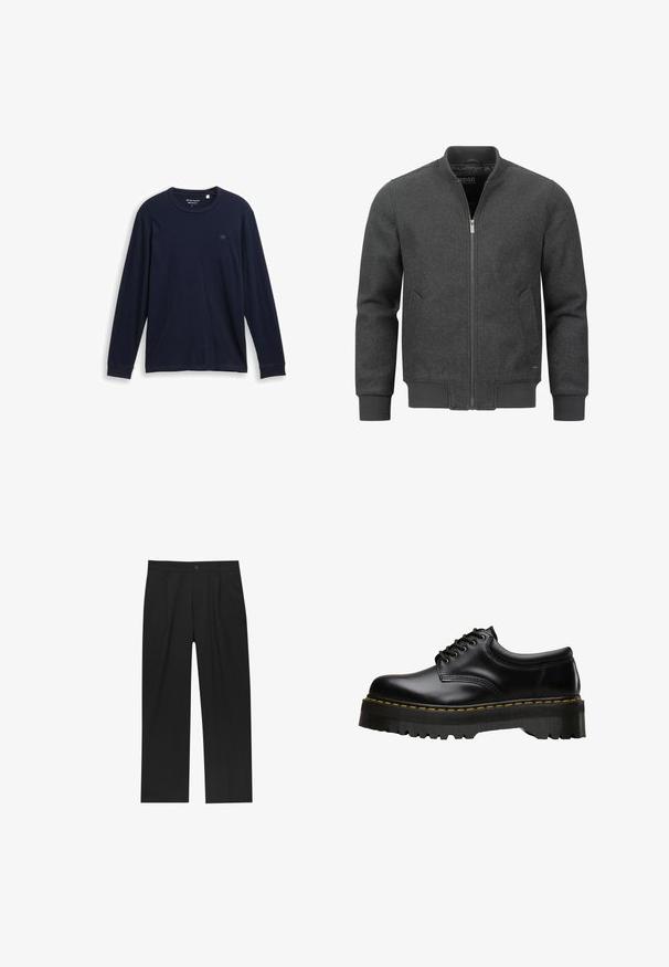 Dunkelgraue Bomberjacke mit Reißverschluss, geripptem Kragen, Bündchen und Saum. Verfügt über Seitentaschen und eine glatte Stoffstruktur.; Navy langärmliges T-Shirt aus weicher Baumwolle, mit rundem Halsausschnitt, genähten Säumen und einem kleinen, gestickten Logo auf der Brust.; Schwarze Hose mit geradem Schnitt, aus einem glatten Stoff gefertigt. Verfügt über Vorderfalten und einen einzelnen Knopfverschluss an der Taille.; Schwarzer Leder-Schnürschuh mit einer dicken, gezahnten Gummisohle in Schwarz und gelben Nähten entlang der Kante, mit einer glatten Verarbeitung.