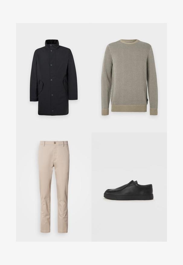 Black coat with a high collar, front buttons, and side pockets. Features a straight cut and smooth texture for a streamlined look.; Pullover sweater in beige and black houndstooth pattern, featuring a crew neck, ribbed cuffs, and a textured finish.; Beige cotton chinos with a straight fit, belt loops, a single front button, and a smooth, untextured surface. No pockets are visible.; Black leather slip-on shoe with a rounded toe, stitched detailing, and black rubber sole. Smooth texture with minimalistic design.