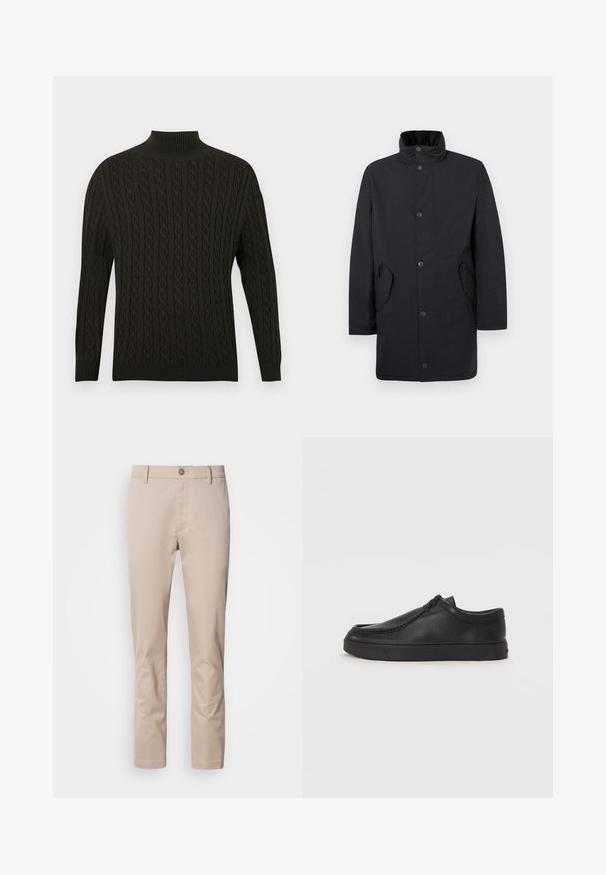 Schwarzer Mantel mit hohem Kragen, vorderen Knöpfen und seitlichen Taschen. Verfügt über einen geraden Schnitt und eine glatte Textur für einen eleganten Look.; Schwarzer Strickpullover mit hohem Rollkragen, strukturiertem Kabeldesign, langen Ärmeln und gerippten Bündchen und Saum.; Beige Baumwoll-Chinos mit geradem Schnitt, Gürtelschlaufen, einem einzelnen vorderen Knopf und einer glatten, untexturierten Oberfläche. Keine Taschen sind sichtbar.; Schwarze Leder-Schlupfschuhe mit runder Zehenform, genähten Details und schwarzer Gummisohle. Glatte Textur mit minimalistischem Design.