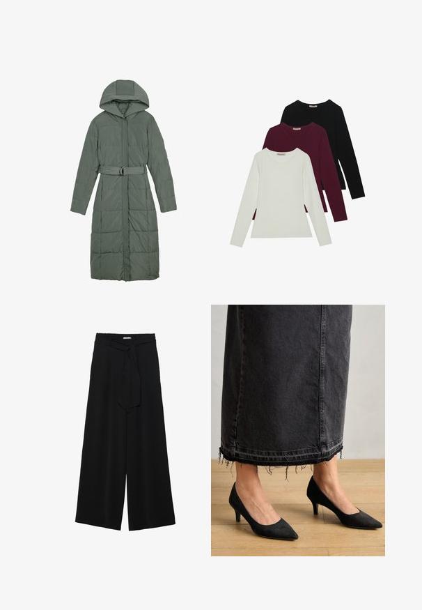 Anna Field Winter coat - khaki; Long-sleeve t-shirts in white, burgundy, and black. Made of soft fabric with a round neckline and fitted design. Suitable for layering.; Black wide-leg pants featuring a textured fabric, an elastic waistband, and a detachable sash tie at the waist for adjustable fit.; Black suede pumps with a pointed toe and a 3-inch heel, paired with a long, dark denim skirt featuring frayed hem details.