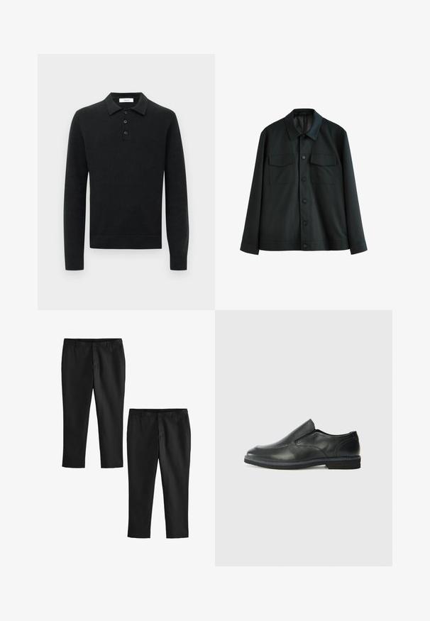 Juodas švarkas, pagamintas iš lygios medžiagos, turi apykaklę, dvi krūtinės kišenes ir mygtukinį užsegimą. Ilgos rankovės su paprastais manžetais.; Juodas ilgas rankovėmis megztas polo džemperis su trimis juodais mygtukais ir atlenkiamu apykakle, pristatytas baltame fone.; Juodos pritaikytos kelnės su lygiu paviršiumi, pasižyminčios tiesiais kojų raštais ir vidutinio aukščio liemeniu. Pateikiamos dvi poros, viena trumpa.; Juodai odiniai įtvirtinimo batai su lygiu paviršiumi, siuvinėjimo akcentais, apvalia nosimi ir žemu guminiu kulnu. Pado raštas minimalus.