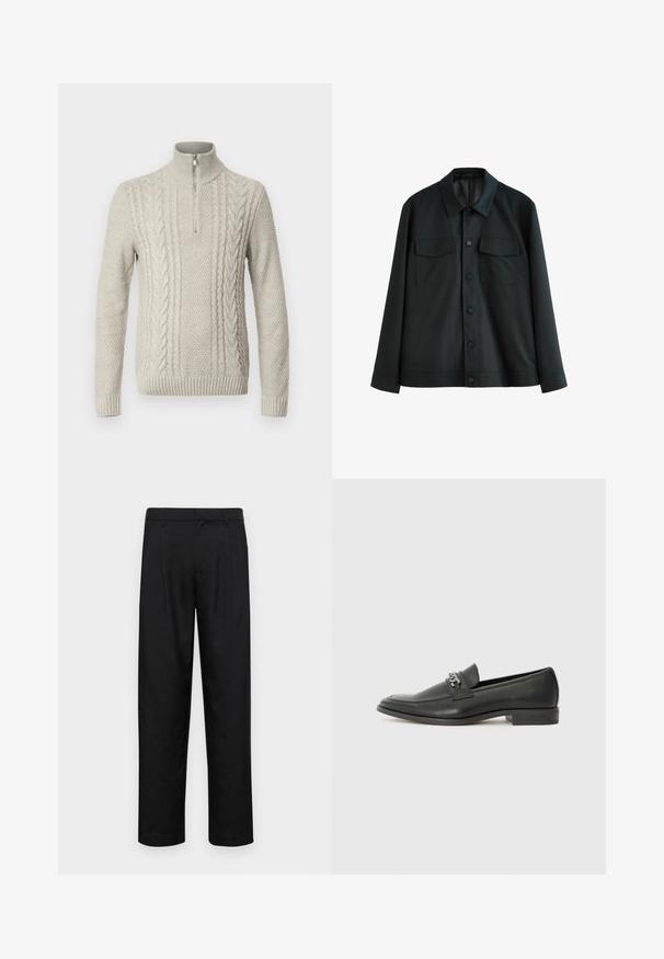 Sort jakke lavet af glat stof, med krave, to brystlommer og lukning med knapper foran. Lange ærmer med enkle manchetter.; Lys grå, strikket sweater med høj krave og halv lynlås. Har strukturerede mønstre med kabelstrik detaljer og ribstrikkede manchetter.; Sorte bukser lavet af glat stof, med et lige ben-design, to frontfolder og en standard talje med bæltestropper.; Sorte læder loafers med en glat finish, der har et syet design og et dekorativt metal kædeaccent hen over vamps. Flad hæl.