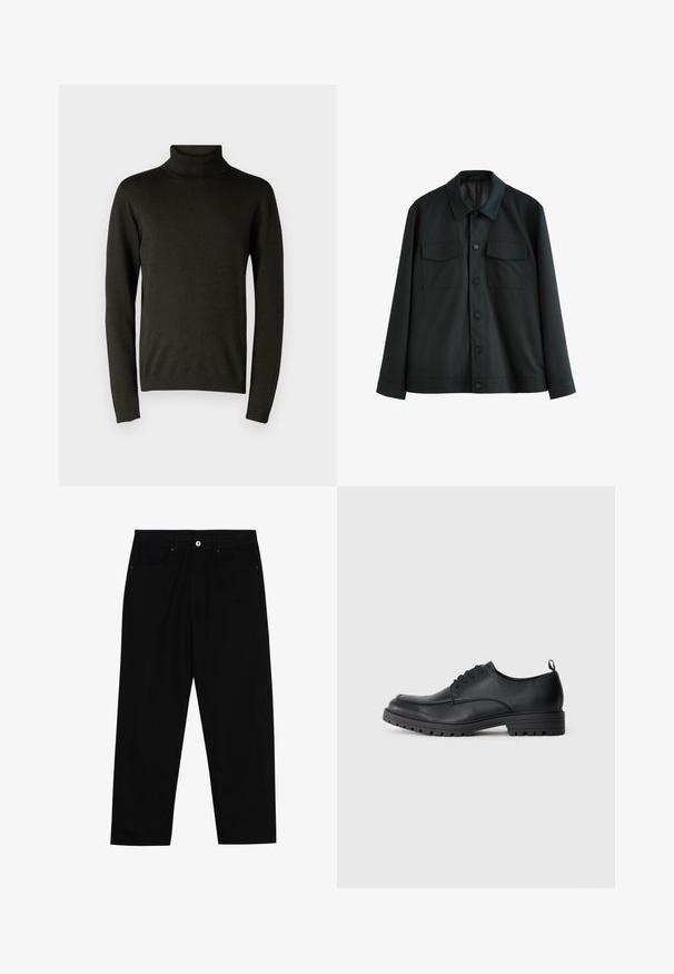 Čierna bunda z hladkej tkaniny, s golierom, dvoma náprsnými vreckami a predným zapínaním na gombíky. Dlhé rukávy s jednoduchými manžetami.; Tmavo zelený rolák vyrobený z mäkkej pleteniny, s dlhými rukávmi a rebrovanými manžetami a lemom. Hladká textúra s minimálnym zdobením.; Čierne denimmové nohavice s rovný strihom, dizajnom s piatimi vreckami a upínaním na prednej strane. Hladká textúra s minimálnymi detailmi šitia.; Čierne kožené šaty s hladkým povrchom, zaoblenou špičkou, šnurovaním vpredu a pevným gumovým podošvou so vzorom.