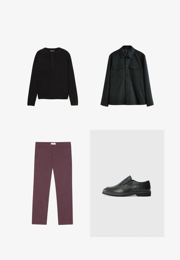 Schwarze Jacke aus glattem Stoff, mit einem Kragen, zwei Brusttaschen und einem Knopfverschluss vorne. Lange Ärmel mit schlichten Manschetten.; Schwarzer Langarmpullover aus geripptem Stoff, mit Rundhalsausschnitt und einer Knopfleiste vorne mit drei Knöpfen.; Bordeauxfarbene Baumwollhose mit geradem Bein, ausgestattet mit zwei seitlichen Taschen und einem Frontknopfverschluss. Glatte Textur ohne sichtbare Muster.; Schwarze Leder-Slipper mit glattem Obermaterial, gesteppten Akzenten, runder Zehenpartie und niedrigem Gummiabsatz. Die Sohle hat ein minimales Profil.