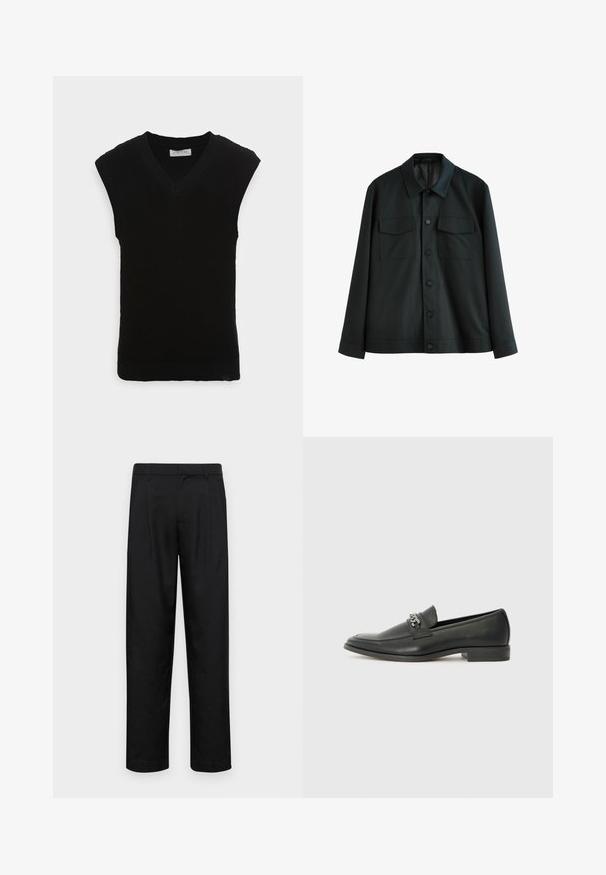 Schwarze Jacke aus glattem Stoff, mit einem Kragen, zwei Brusttaschen und einem Knopfverschluss vorne. Lange Ärmel mit schlichten Manschetten.; Schwarze ärmellose Strickweste mit V-Ausschnitt und geripptem Muster, mit einem glatten Saum und ohne zusätzliche Verzierungen.; Schwarze Hose aus glattem Stoff, mit geradem Bein Design, zwei vorderen Falten und einem Standardbund mit Gürtelschlaufen.; Schwarzer Lederloafer mit glatter Oberfläche, ausgestattet mit einer gesteppten Gestaltung und einem dekorativen Metallkettendetail über dem Vorderblatt. Flacher Absatz.