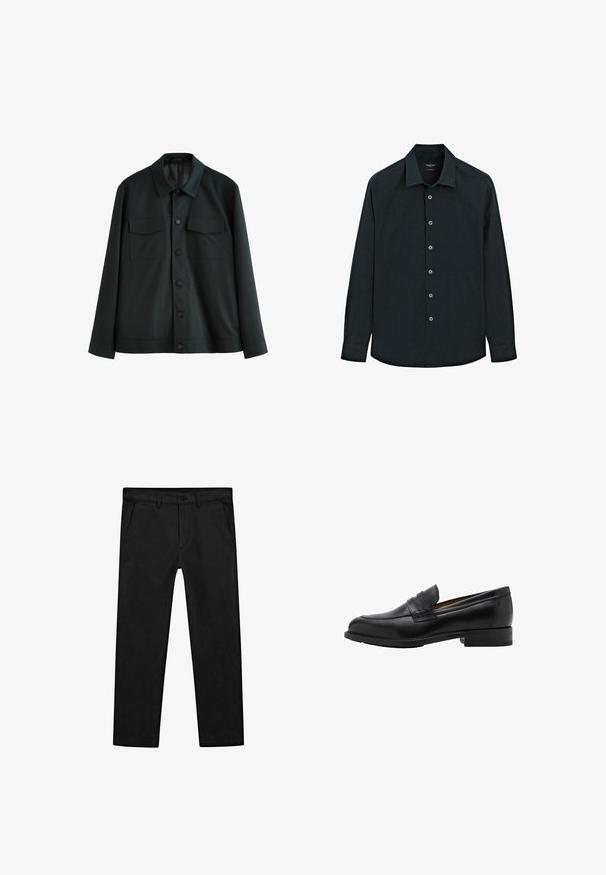 Czarna kurtka wykonana z gładkiego materiału, z kołnierzykiem, dwiema kieszeniami na piersi i zapięciem na guziki z przodu. Długie rękawy z prostymi mankietami.; Czarna, długosleevowa koszula z guzikami z kołnierzykiem, z siedmioma guzikami z przodu i mankietami, wyeksponowana na białym tle.; Czarne bawełniane spodnie o prostych nogawkach, z przednimi kieszeniami oraz klasycznym zapięciem na guzik i suwak. Gładka faktura, dopasowany krój.; Czarne skórzane mokasyny z przeszywaną przednią częścią i płaskim obcasem. Gładka tekstura z zaokrąglonym noskiem i dekoracyjnym paskiem na wierzchu stopy.