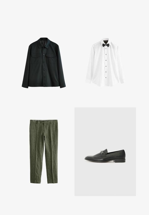 Mustan jope, mis on valmistatud siledast kangast, millel on krae, kaks rinna-taskut ja nööbiga esikinnitus. Pikkade varrukatega, millel on lihtsad mansetid.; Valge puuvillane särk, millel on pikad varrukad, must nööpkrae ja mustad nupud ees.; Next SIGNATURE - REGULAR FIT - Püksid - olive green; Must haveate nahkking punased, millel on sile viimistlus, tikitud muster ja dekoratiivne metallkett vampi üle. Tasane konts.