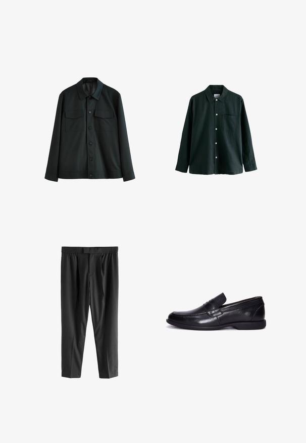 Giacca nera realizzata in tessuto morbido, con colletto, due tasche sul petto e chiusura frontale con bottoni. Maniche lunghe con polsini semplici.; Camicia button-up verde scuro con colletto, maniche lunghe e una tasca sul petto; presenta bottoni bianchi e una consistenza morbida.; Next REGULAR FIT -CHECK SMART - Chino - black; Derimod Mocassini eleganti - black