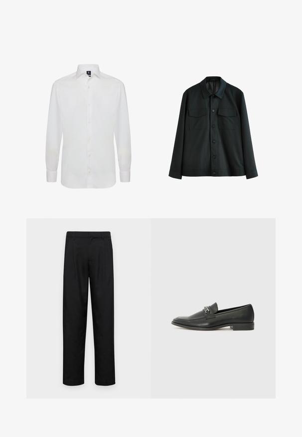 Melnas jakas, kas izgatavota no gludas auduma, ar apkakli, diviem krūšu kabatām un pogu aizdari priekšpusē. Garas piedurknes ar vienkāršām aprocēm.; Balta garām piedurknēm krekls, izgatavots no gludas auduma, ar klasisku apkakli un priekšējo pogu aizdari, ar vienkāršu dizainu un bez rakstiem.; Melnas bikses, izgatavotas no gludas auduma, ar taisnu kāju dizainu, divām priekšējām krokām un standarta jostu, kurai ir āķi.; Melna ādas loafer izmēra apavi ar gludu virsmu, piedāvā ar šūtu dizainu un dekoratīvu metāla ķēdes akcentu pār vampu. Plakana papēža daļa.