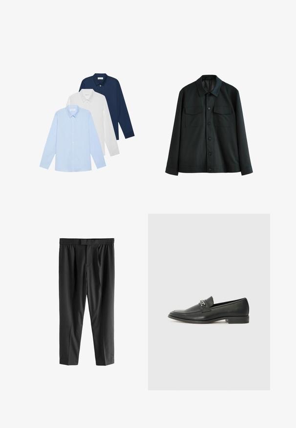 Chaqueta negra de tela suave, con cuello, dos bolsillos en el pecho y cierre frontal con botones. Mangas largas con puños lisos.; Tres camisas de manga larga: azul claro, blanca y azul marino. Todas tienen un cuello clásico y cierre de botones en la parte delantera, hechas de una tela suave.; Next REGULAR FIT -CHECK SMART - Pantalones chinos - black; Mocasín de cuero negro con un acabado suave, que cuenta con un diseño de costura y un acento decorativo de cadena de metal en el empeine. Tacón plano.