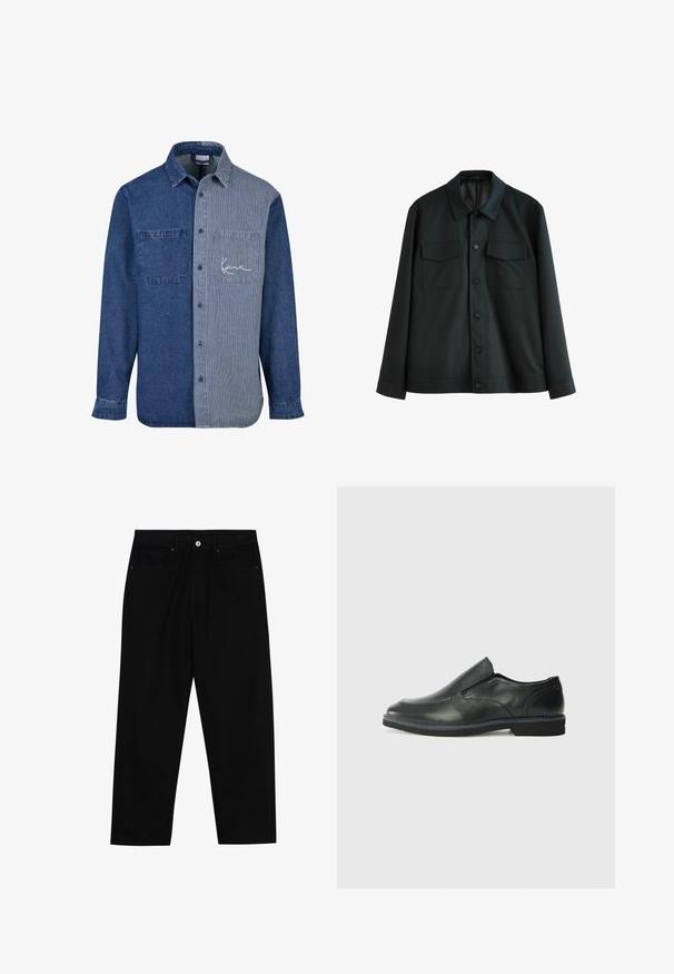 Černá bunda vyrobená z hladké tkaniny, s límcem, dvěma náprsními kapsami a zapínáním na knoflíky. Dlouhé rukávy s jednoduchými manžetami.; Džínsová košile s jednolitou tmavě modrou levou stranou a pruhovanou světle modrou pravou stranou, s náprsní kapsou a výšivkou loga.; Černé džíny s rovně střiženými nohavicemi, designem pěti kapes a předním zapínáním na knoflík. Hladký povrch s minimem švových detailů.; Černá kožená nazouvací bota s hladkým svrškem, prošívanými detaily, zaoblenou špičkou a nízkým gumovým podpatkem. Podešev má minimální vzorek.