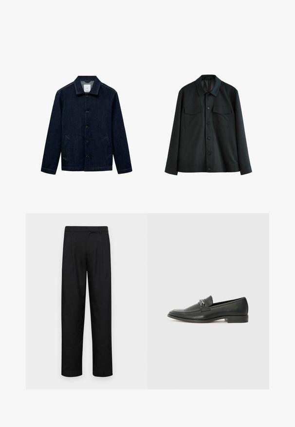 Jachetă neagră din material neted, cu guler, două buzunare pe piept și închidere cu butoane în față. Manșete simple la mânecile lungi.; Jachetă de denim de culoare albastră închisă, cu guler, închidere cu nasturi, două buzunare laterale și tiv drept. Material texturat cu un design clasic și casual.; Pantaloni negri dintr-un material neted, cu un design drept, două pliuri frontale și un tiv standard cu bucle pentru curea.; Pantofii negri din piele cu un finisaj neted, având un design cusut și un accent decorativ de lanț metalic peste partea de sus. Toc plat.