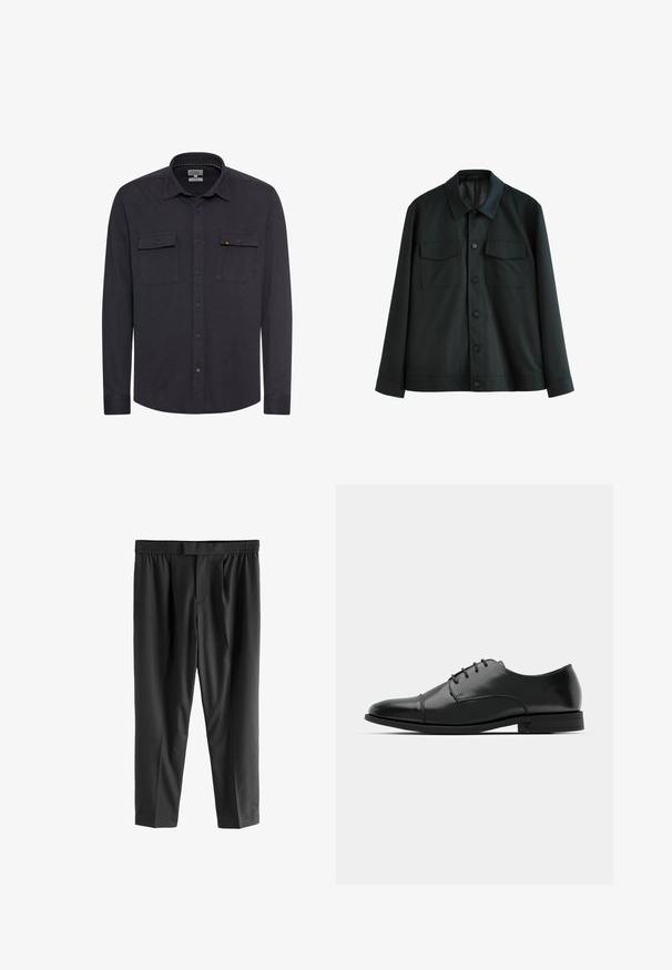 Schwarze Jacke aus glattem Stoff, mit einem Kragen, zwei Brusttaschen und einem Knopfverschluss vorne. Lange Ärmel mit schlichten Manschetten.; Dunkelblaues Hemd aus strukturiertem Stoff, mit vorderer Knopfleiste, Kragen und zwei Brusttaschen. Verfügt über ein kleines Logo auf der linken Tasche.; Next REGULAR FIT -CHECK SMART - Chino - black; Schwarzer Leder-Dieerschuh mit runder Zehenform, Schnürdesign, dezenten Nähdetails und niedrigem Absatz. Glatte Textur mit polierter Oberfläche.