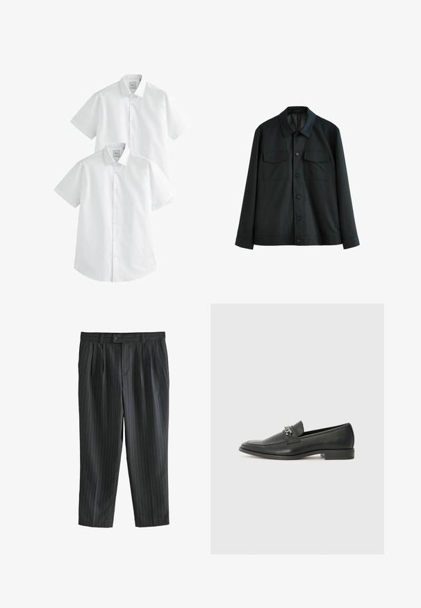 Veste noire en tissu lisse, dotée d'un col, de deux poches poitrine et d'une fermeture à boutons sur le devant. Manches longues avec poignets simples.; Chemises blanches à manches courtes en pack de deux, avec des cols boutonnés et une texture en coton lisse, conçues pour un usage décontracté.; Pantalons gris à rayures avec un devant plissé, fabriqués à partir d'un tissu lisse, dotés d'une fermeture à bouton et de jambes droites.; Mocassin en cuir noir avec une finition lisse, présentant un design cousu et une accent décoratif en chaîne métallique sur le rand. Talon plat.