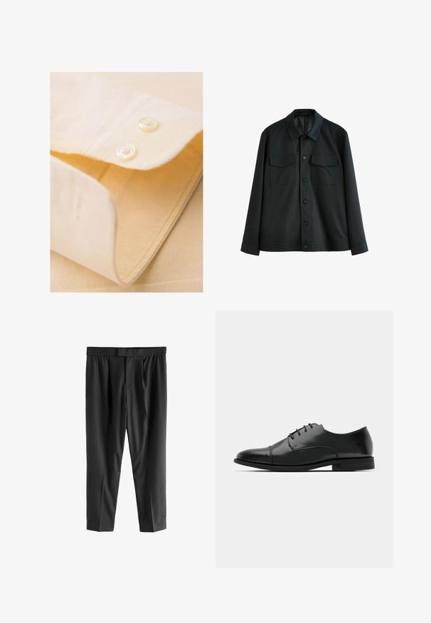 Giacca nera realizzata in tessuto morbido, con colletto, due tasche sul petto e chiusura frontale con bottoni. Maniche lunghe con polsini semplici.; Colletto di camicia giallo chiaro con due bottoni bianchi, piegato in modo ordinato, con una trama liscia e dettagli di cucitura fine.; Next REGULAR FIT -CHECK SMART - Chino - black; Scarpa da uomo in pelle nera con punta rotonda, design con lacci, dettagli di cucitura discreti e tacco basso. Texture liscia con finitura lucida.
