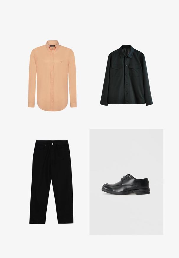 Sort jakke lavet af glat stof, med krave, to brystlommer og lukning med knapper foran. Lange ærmer med enkle manchetter.; Felix Hardy Skjorter - salmon; Sorte denimbukser med lige ben, fem lomme-design og knaplukning foran. Glat tekstur med minimale syninger.; Sorte læder snøre-sko med rund tå, glat tekstur og lav hæl. Har syninger langs overdelen og siderne.