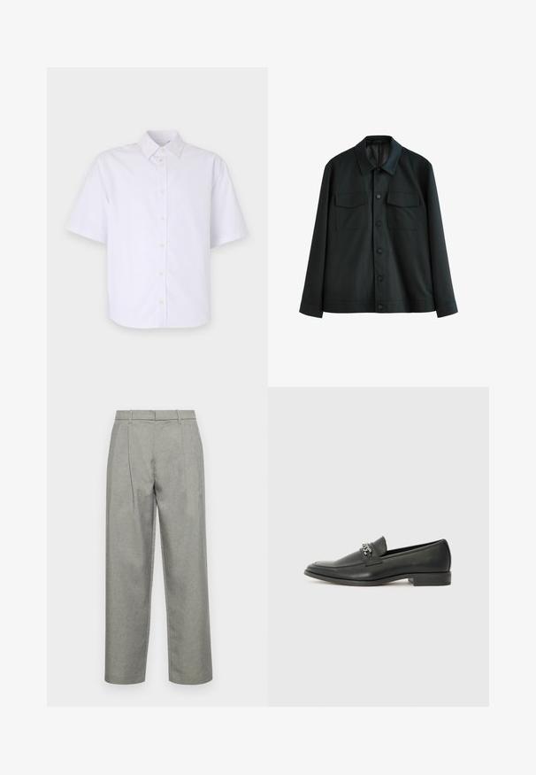 Crna jakna od glatke tkanine, sa ovratnikom, dva džepa na prsima i prednjim kopčanjem na dugmad. Dugi rukavi s običnim manžetama.; Košulja kratkih rukava, na gumbe, od čiste bijele pamuka. Sadrži klasičan ovratnik, ravni rub i suptilne gumbe sprijeda.; Sive krojene hlače od teksturirane tkanine, s ravnim krojem, prednjim nabora i standardnim pojasom s petljama za remen.; Crna kožna loafer cipela s glatkom finišem, s ušivenim uzorkom i dekorativnim metalnim lancem preko prednjeg dijela. Ravni potplat.