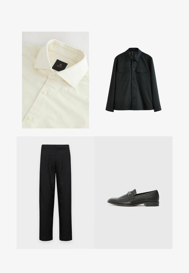 Juodas švarkas, pagamintas iš lygios medžiagos, turi apykaklę, dvi krūtinės kišenes ir mygtukinį užsegimą. Ilgos rankovės su paprastais manžetais.; Kreminės spalvos marškiniai su apykakle, pagaminti iš tekstūruoto audinio, su juodu „NEXT“ etiketė ir baltais mygtukais per priekį.; Juodi kelnių modeliai, pagaminti iš lygios medžiagos, turi tiesią kojas, du priekiniai klostės ir standartinę juosmenį su diržo kilpomis.; Juodos odinės loafer tipo bateliai su lygiu paviršiumi, turintys siuvinėtą dizainą ir dekoratyvų metalo grandinėlės akcentą ant batų viršaus. Plokščias kulnas.