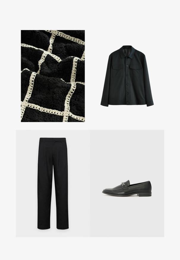 Czarna kurtka wykonana z gładkiego materiału, z kołnierzykiem, dwiema kieszeniami na piersi i zapięciem na guziki z przodu. Długie rękawy z prostymi mankietami.; Czarny teksturowany koc z plecionym kremowym wzorem w siatkę, z wypukłymi kwiatowymi motywami i miękkim, pluszowym wykończeniem.; Czarne spodnie wykonane z gładkiego materiału, z prostą nogawką, dwoma fałdami z przodu oraz standardowym paskiem z wypustkami na pasek.; Czarne skórzane mokasyny o gładkim wykończeniu, z haftowanym wzorem i dekoracyjnym akcentem z metalowego łańcucha na wierzchu. Płaska pięta.
