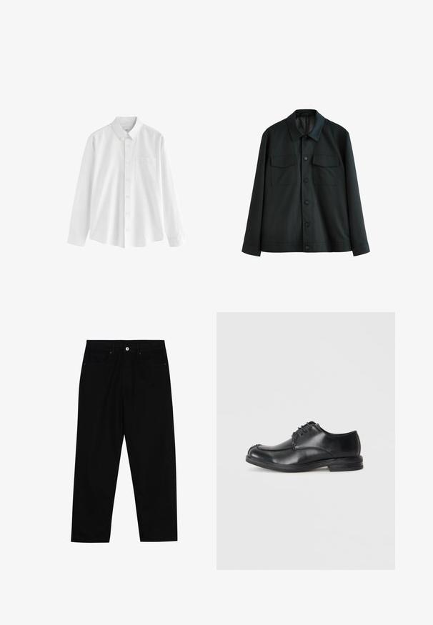 Juodas švarkas, pagamintas iš lygios medžiagos, turi apykaklę, dvi krūtinės kišenes ir mygtukinį užsegimą. Ilgos rankovės su paprastais manžetais.; Balta ilgomis rankovėmis marškiniai, pagaminti iš medvilnės, su mygtukų apykakle, vienu krūtine kišenė, ir laisva forma. Priekyje yra maži mygtukai.; Juoda džinsinė kelnė su tiesiu kirpimu, penkių kišenių dizainu ir priekiniais mygtukais. Lygus paviršius su minimaliu siuvimo detalėmis.; Juodi odiniai bateliai su raišteliais, su apvalia nosimi, lygiu paviršiumi ir žemu kulnu. Yra siuvimo detalės viršuje ir šonuose.