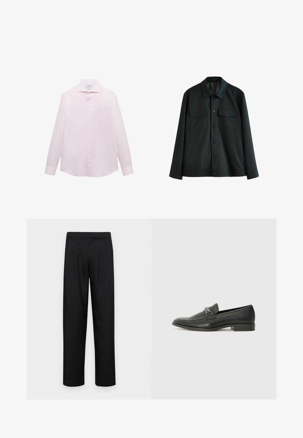 Svart jacka i slätt tyg, med krage, två bröstfickor och knäppning fram. Långa ärmar med enkla manschetter.; Rosa långärmad skjorta med klassisk krage, sju vita knappar framtill och rundad nederkant. Slätt, lättviktigt tyg.; Svarta byxor i slät väv, med rak ben-design, två framfickor och standardmidja med bälteshällor.; Svart läderloafers med en slät yta, med en sydd design och en dekorativ metallkedjeaccent över västen. Platt häldesign.