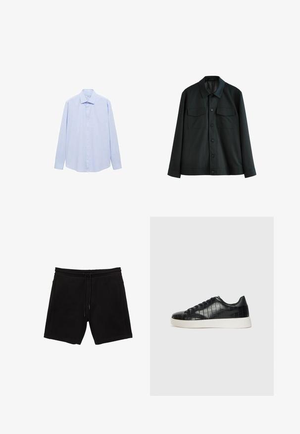 Zwarte jas van gladde stof, met een kraag, twee borstzakken en een knoopsluiting aan de voorkant. Lange mouwen met plain manchetten.; Lichtblauw overhemd met lange mouwen van geweven stof, voorzien van een klassieke kraag en een volledige knoopsluiting, met een rechte snit en zonder patronen.; Zwarte sweatshorts van een katoenmix. Voorzien van een elastische tailleband met trekkoord, zijzakken en een relaxte pasvorm.; Zwarte sneakers met een gestructureerde leren bovenkant met krokodilpatroon, een ronde neus en een contrasterende witte rubberen zool met een gladde afwerking.