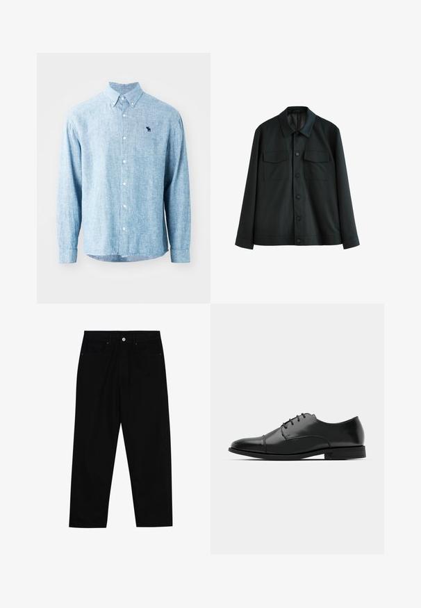 Sort jakke lavet af glat stof, med krave, to brystlommer og lukning med knapper foran. Lange ærmer med enkle manchetter.; Lyseblå skjorte med knap i et struktureret stof. Har krave, lange ærmer og et lille mørkt logo på brystet.; Sorte denimbukser med lige ben, fem lomme-design og knaplukning foran. Glat tekstur med minimale syninger.; Sort læder dress-sko med rund tå, snørebåndsdesign, diskrete syninger og lav hæl. Glat tekstur med poleret finish.