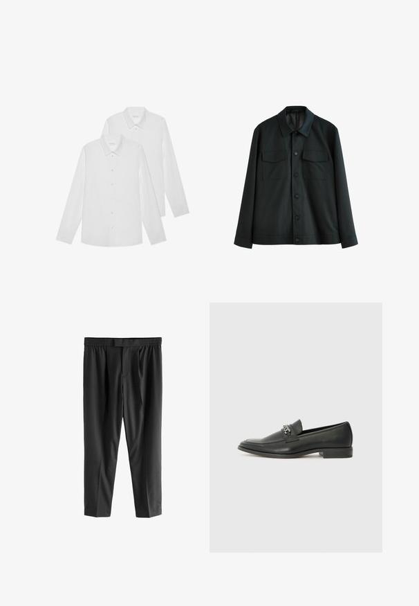 Sort jakke lavet af glat stof, med krave, to brystlommer og lukning med knapper foran. Lange ærmer med enkle manchetter.; To lange hvide skjorter med lange ærmer, lavet af glat stof, med en klassisk krave og knapdown front, der har en ensartet tekstur.; Next REGULAR FIT -CHECK SMART - Chino - black; Sorte læder loafers med en glat finish, der har et syet design og et dekorativt metal kædeaccent hen over vamps. Flad hæl.