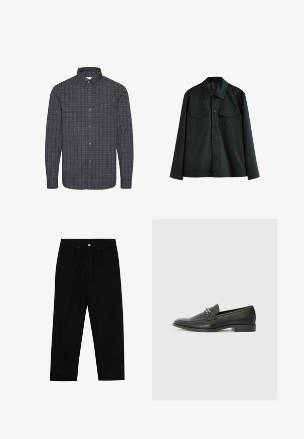 Jachetă neagră din material neted, cu guler, două buzunare pe piept și închidere cu butoane în față. Manșete simple la mânecile lungi.; Cămașă cu mâneci lungi, tip cămașă, dintr-un material gri închis cu un model mic în carouri de culoare gri deschis și alb. Dispune de un guler clasic și închidere cu nasturi.; Pantaloni negri din denim cu croială dreaptă, design cu cinci buzunare și închidere frontală cu nasture. Textură netedă cu detalii de cusătură minime.; Pantofii negri din piele cu un finisaj neted, având un design cusut și un accent decorativ de lanț metalic peste partea de sus. Toc plat.